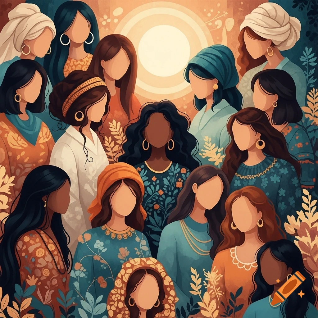 Stylized abstract illustration of diverse women in patterned clothing and head coverings, under a warm glow.