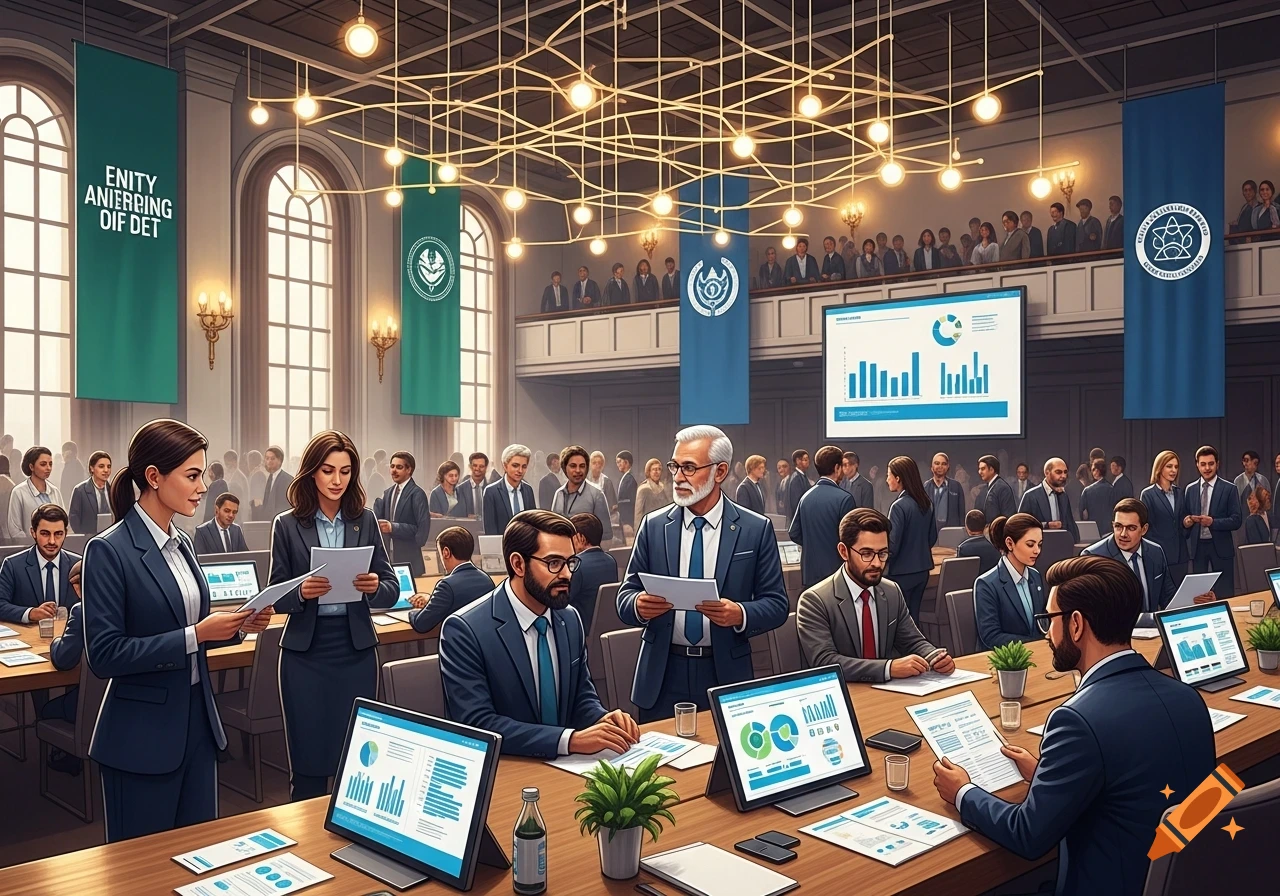 People in business attire attend a professional conference in a grand hall, with screens displaying charts and data.