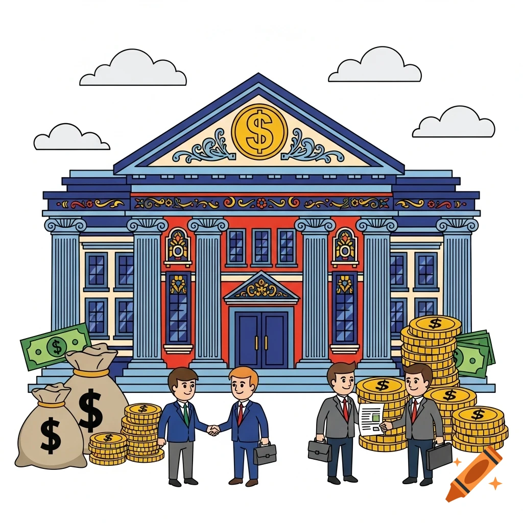 A colorful clipart illustration showing a bank building with a dollar sign, money bags, coins, and businessmen shaking hands.