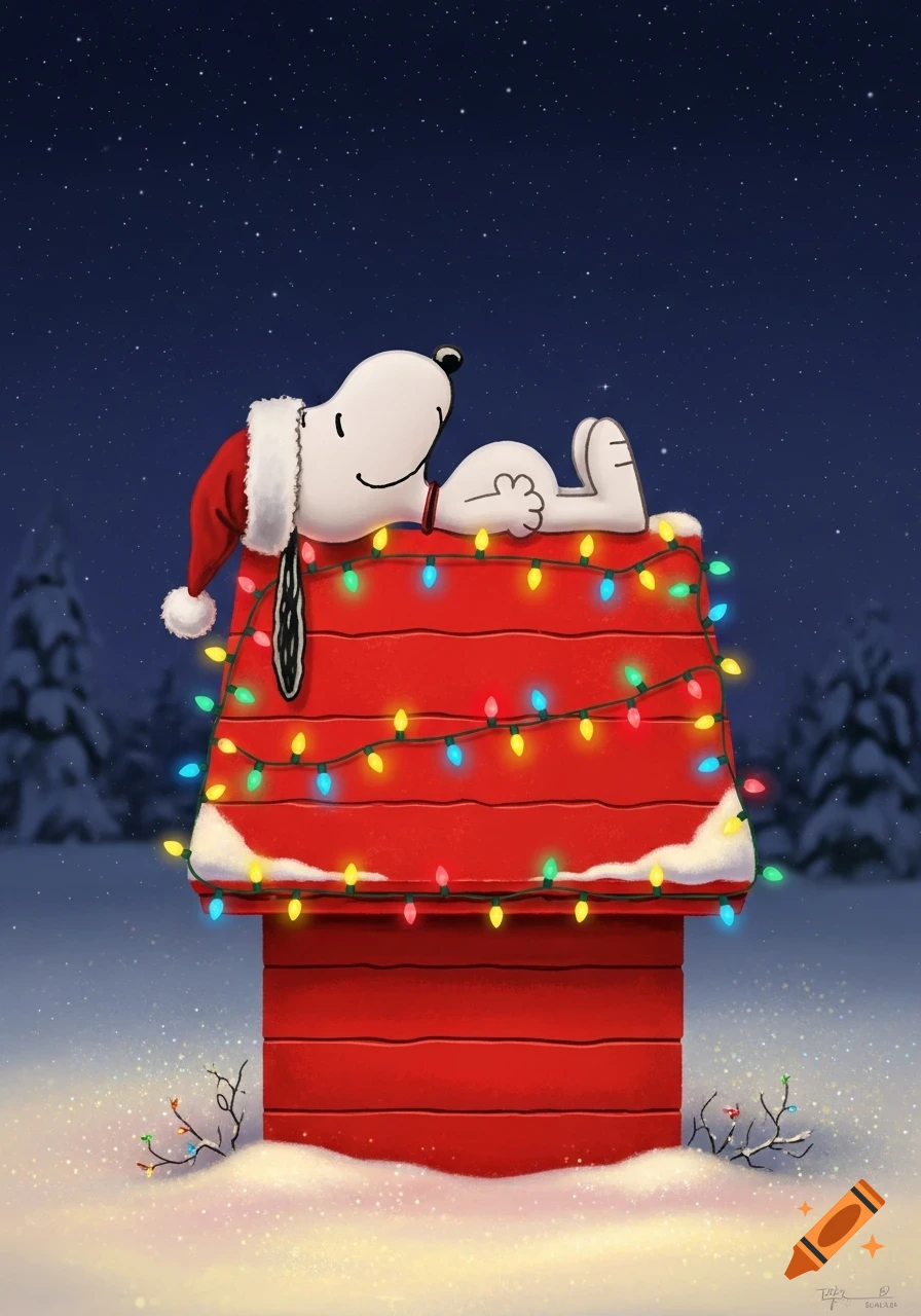 Snoopy in a Santa hat lies on his red doghouse, decorated with colorful Christmas lights under a starry winter sky.