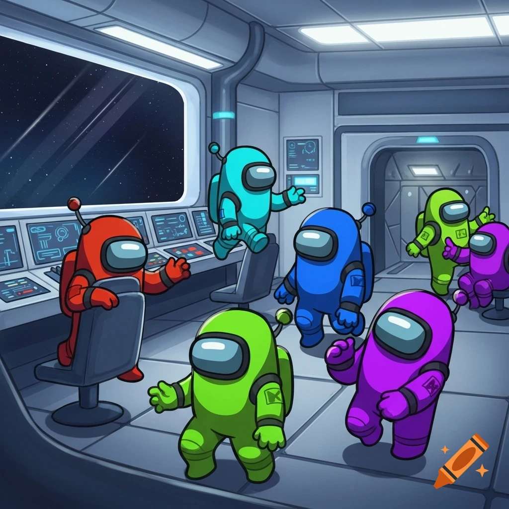 Colorful Among Us characters in red, blue, green, purple, and cyan inside a spaceship's command center, some near consoles and others walking.
