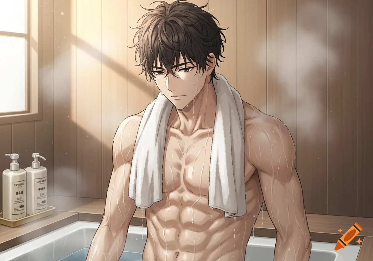 An anime man with a towel around his neck, his muscular torso glistening with water, standing by a bathtub in a steamy, sunlit bathroom.