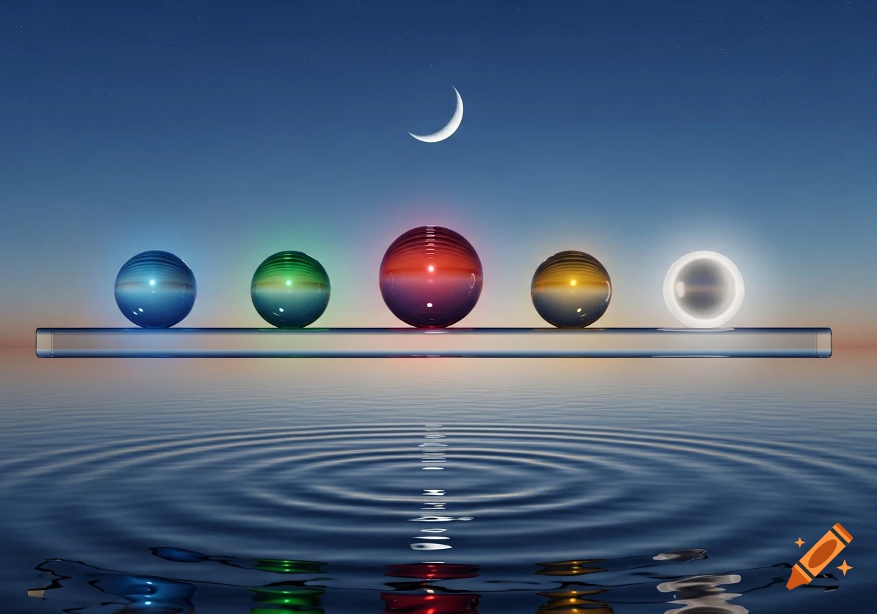 Five glowing, colorful spheres on a reflective bar over rippling water, beneath a crescent moon in a twilight sky.
