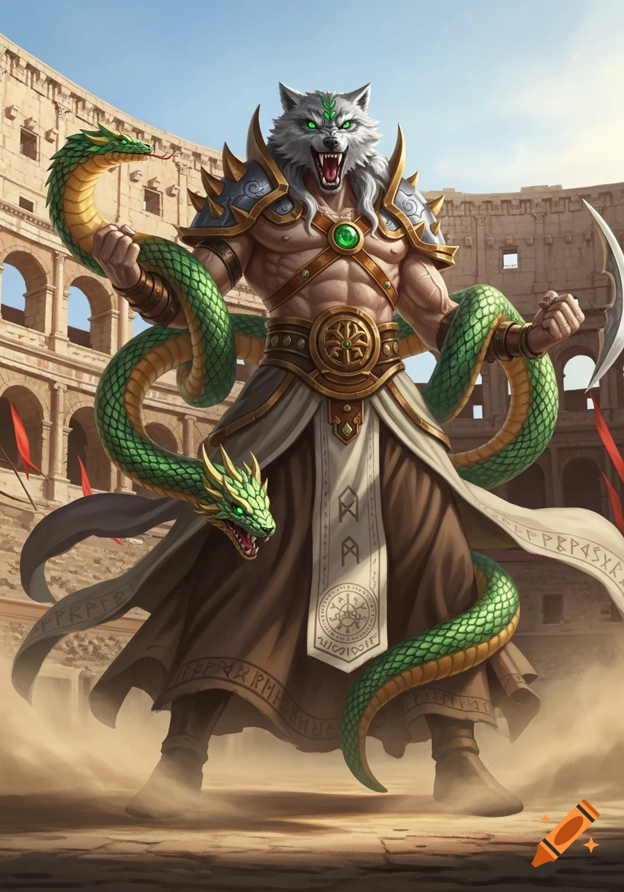 A powerful wolf-headed warrior with green eyes stands in a colosseum, holding two green snakes. Stylized digital art.