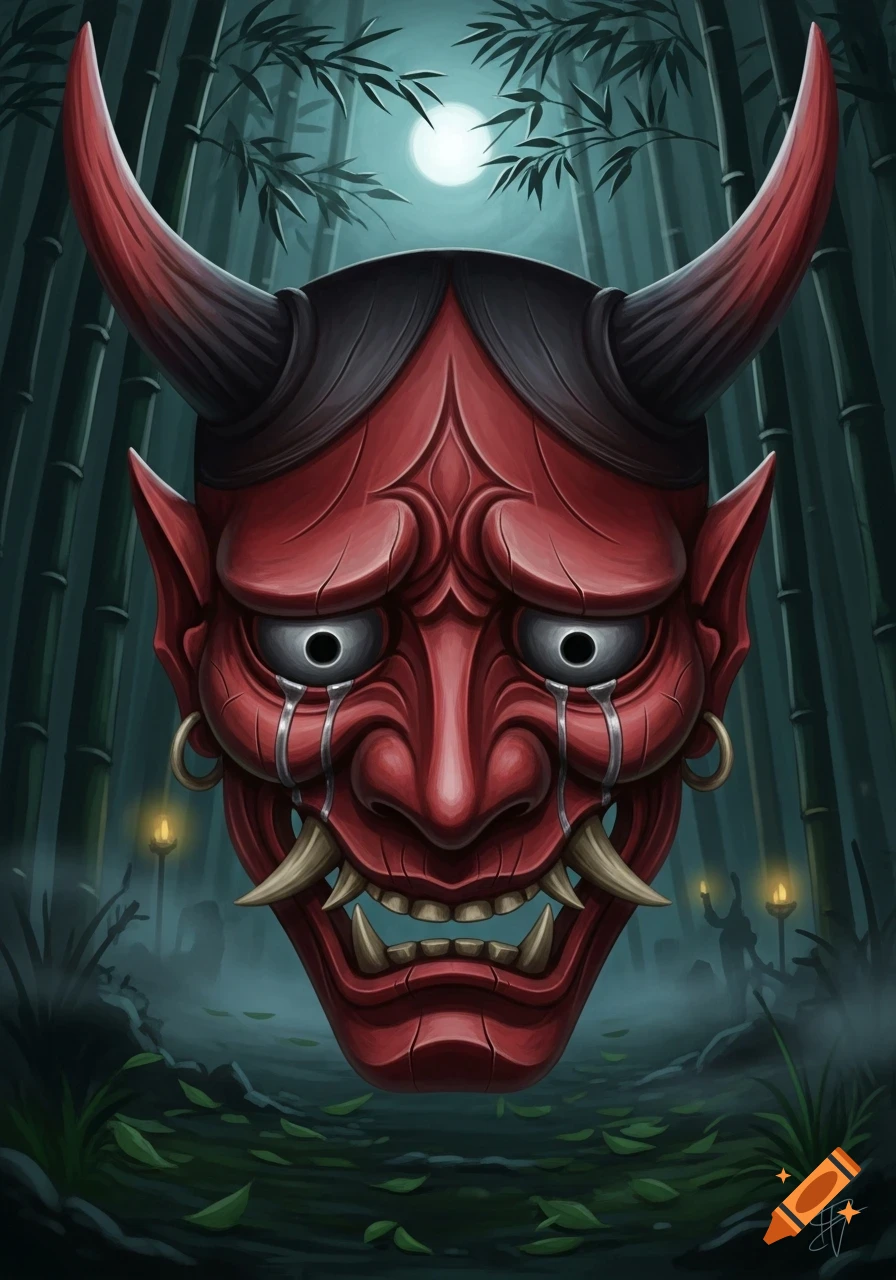 A stylized illustration of a sad red Oni mask with horns and fangs, shedding tears, in a dark bamboo forest under moonlight.