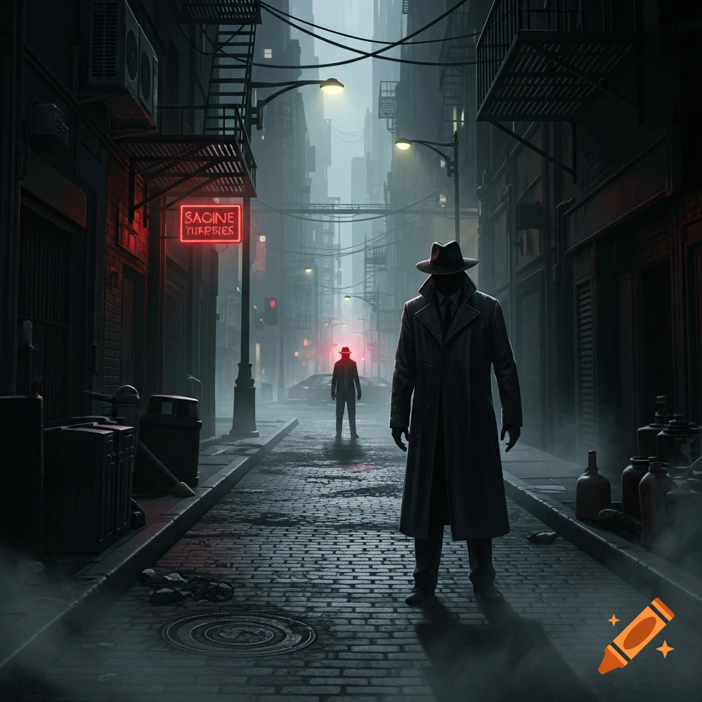 Two mysterious figures in trench coats and hats stand on a foggy, dark city street at night, with a red neon sign.