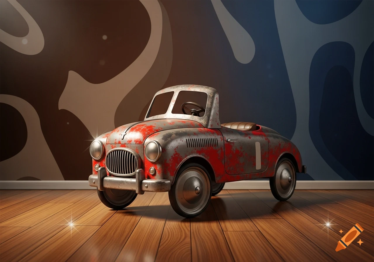 A distressed, vintage red and silver child's car on a shiny wooden floor with an abstract brown and blue background.