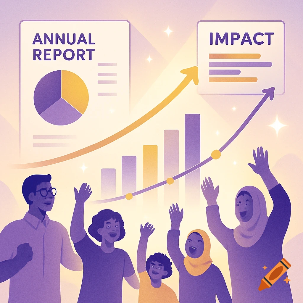 Modern illustration of diverse people celebrating in front of purple and gold growth charts for annual report and impact.