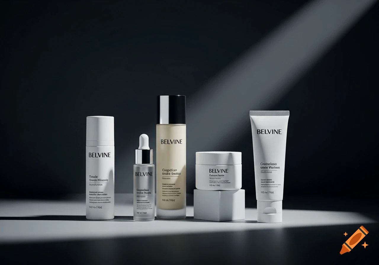 Five white and beige skincare product bottles and jars on a dark minimalist background with soft shadows.