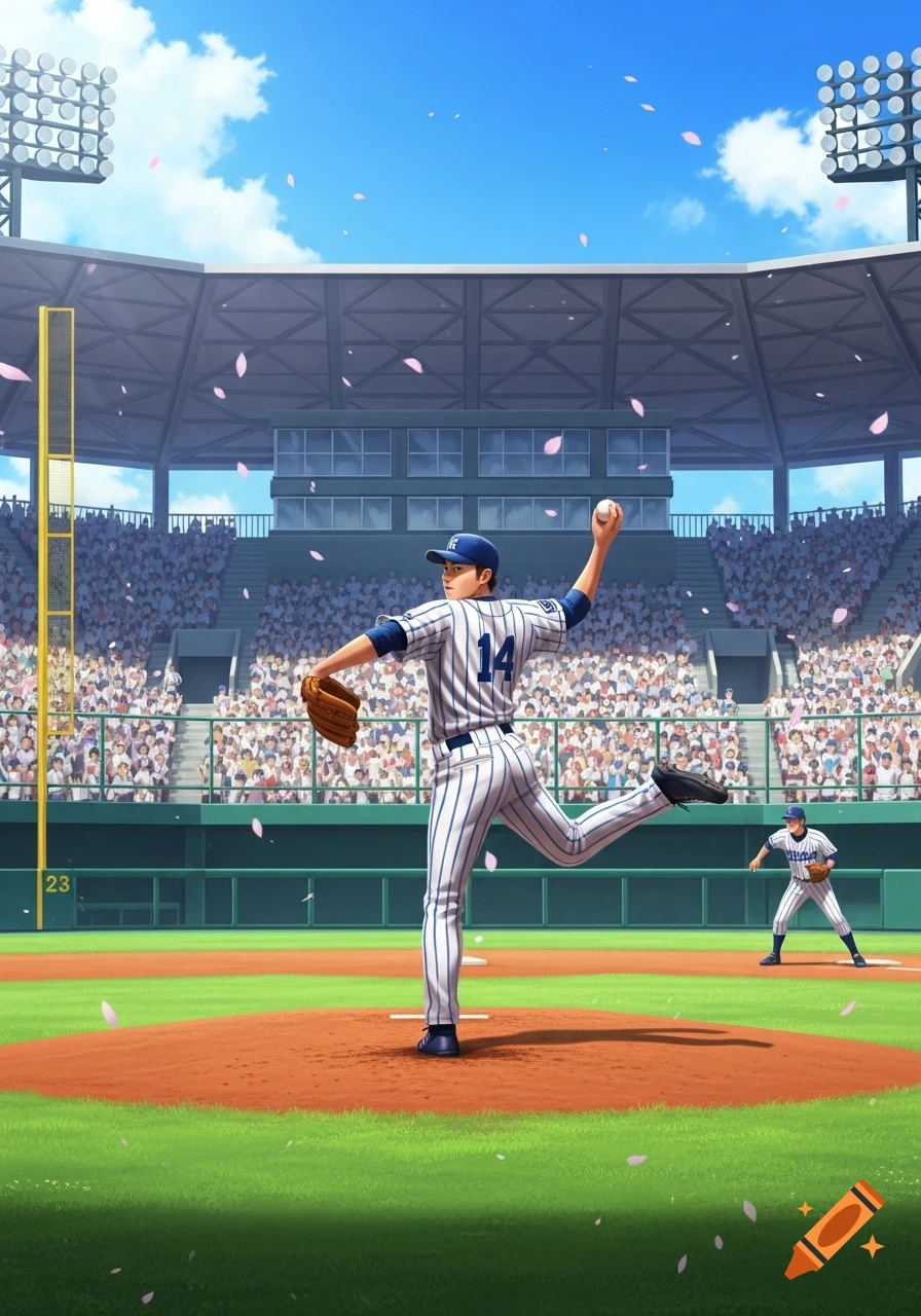 An anime-style baseball pitcher mid-throw on a mound in a stadium with a full crowd and falling cherry blossoms.