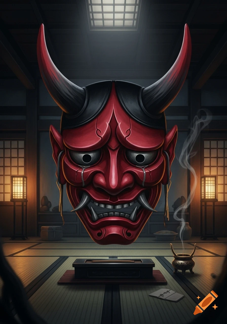 A red and black Oni mask with glowing eyes and small tusks floats in a dimly lit traditional Japanese room.