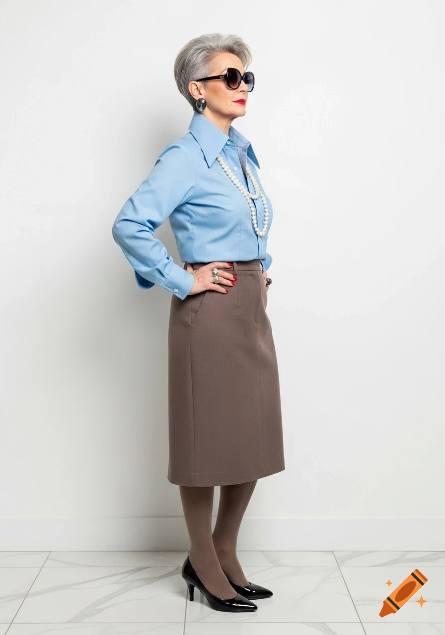 Elegant older woman in blue shirt, brown skirt, pearls, sunglasses, and short grey hair, standing with hands on hips.