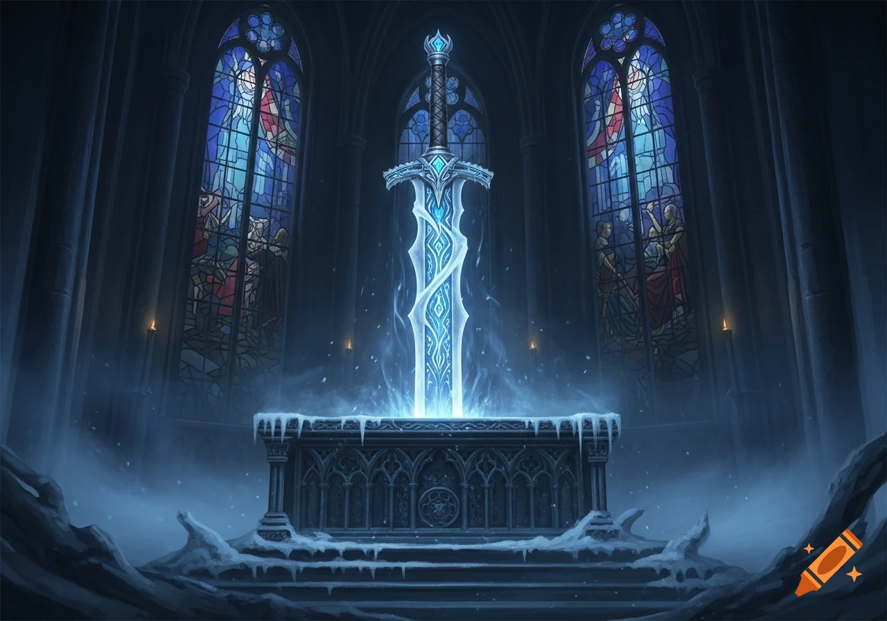 Ornate, glowing blue sword standing on a snowy altar in a dark gothic cathedral with stained-glass windows.