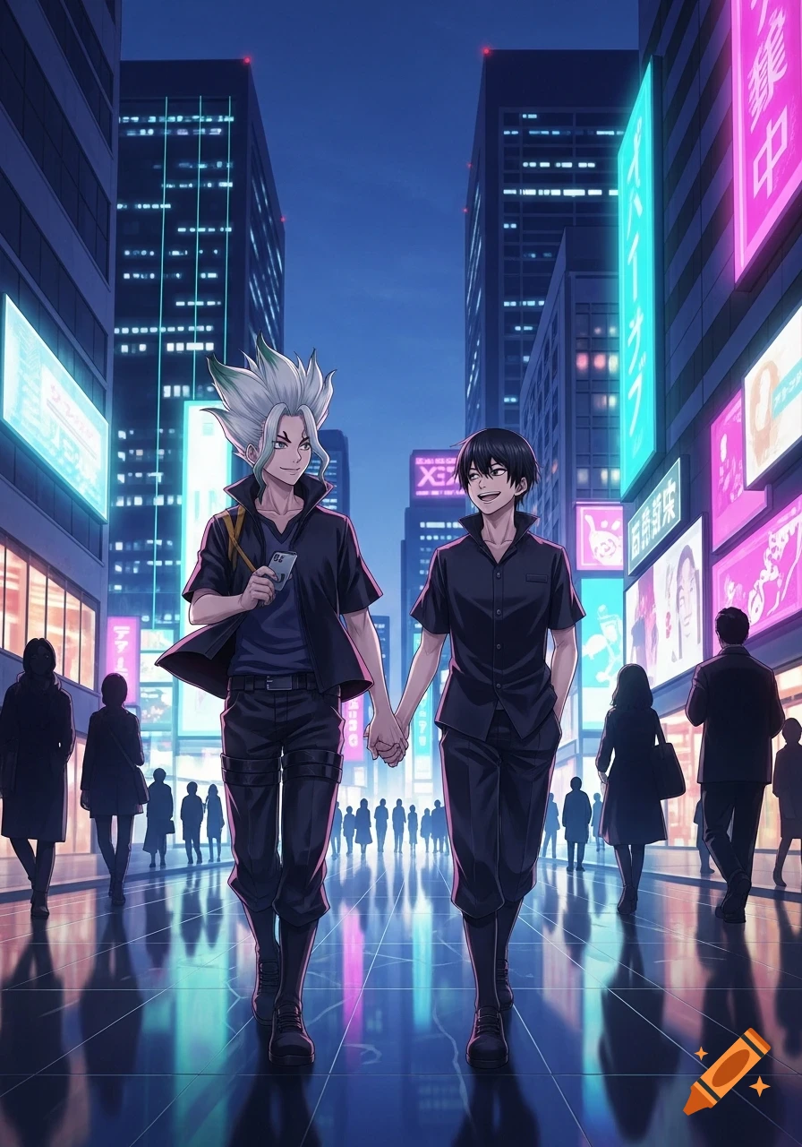 Two anime men, one with spiky white and green hair, one with black hair, hold hands walking down a neon-lit city street at night.