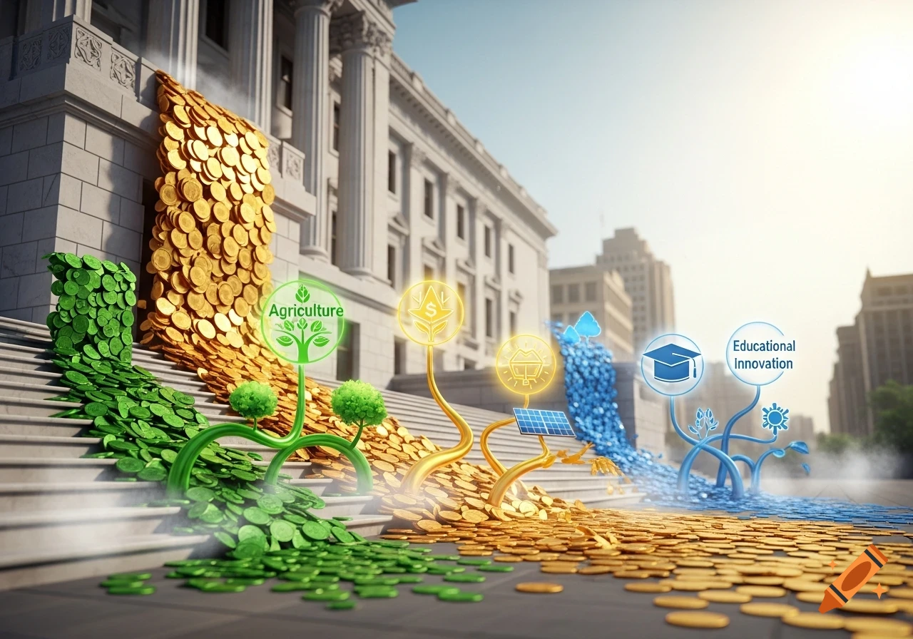 Golden and green coins flow from a neoclassical building, morphing into symbols for agriculture, education, and finance, concept art.