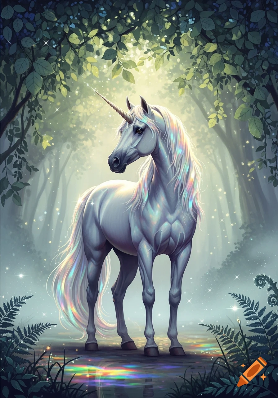 A majestic white unicorn with an iridescent mane and tail stands in a magical, sunlit forest, with rainbow reflections on the ground.