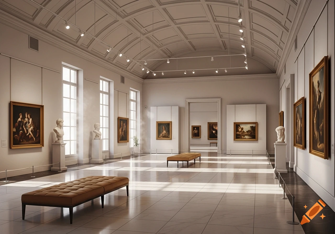 A grand art gallery with a vaulted ceiling, displaying classical paintings and busts, bathed in sunlight from tall windows, with two brown benches.