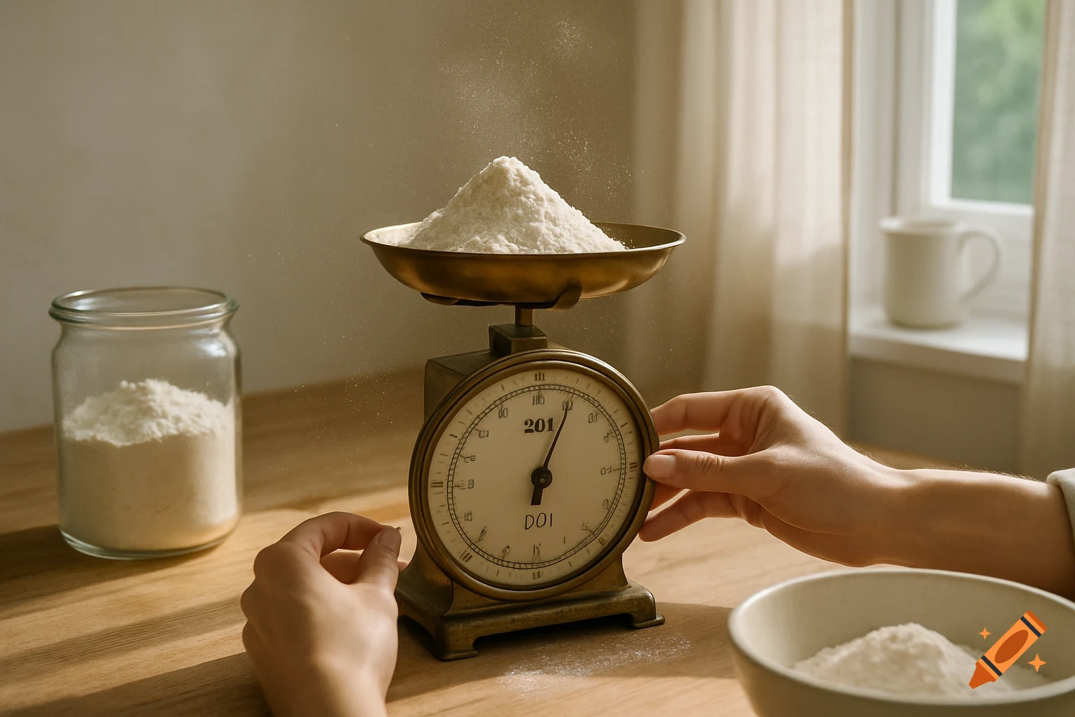 A person weighs flour on a vintage kitchen scale, with a heap of flour on the pan and the dial showing "201". Photorealistic.