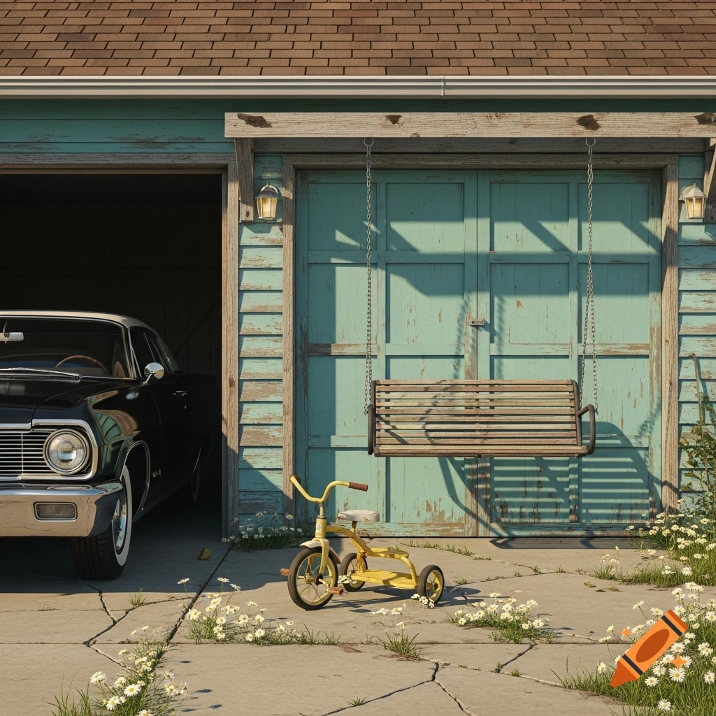 A photorealistic full-frame view of a teal garage with a vintage black car inside, a wooden porch swing, and a yellow tricycle on a cracked driveway adorned with daisies.