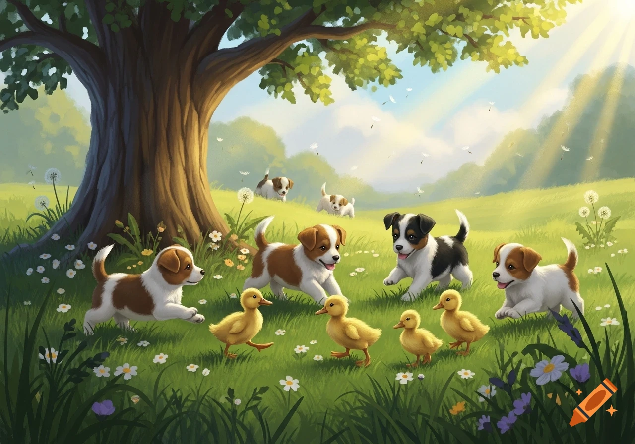 Illustrative scene of cheerful puppies and ducklings playing in a sunny, grassy field with a large tree.