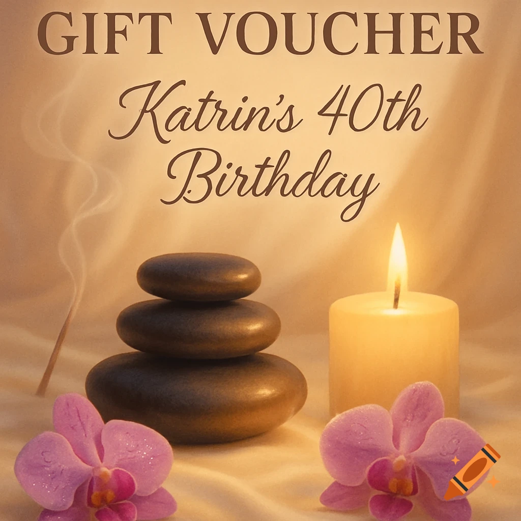 A gift voucher for Katrin's 40th birthday, featuring spa stones, a lit candle, orchids, and incense smoke.