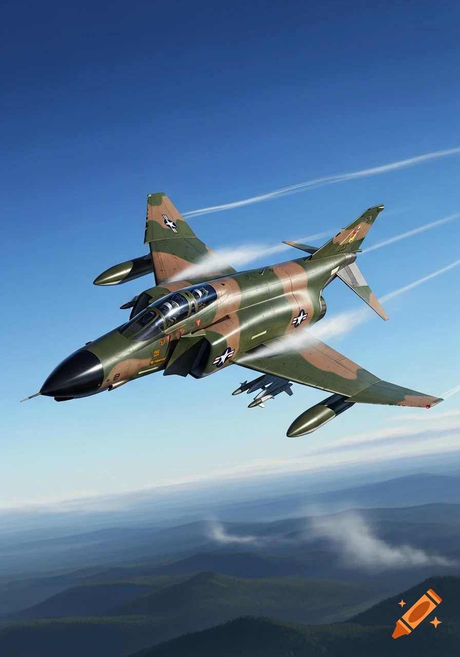 An F-4E Phantom II fighter jet in camouflage livery flies through a clear blue sky above a landscape of rolling mountains.
