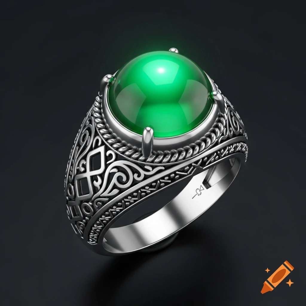 A detailed Ottoman silver ring with intricate filigree designs and a large, glowing green cabochon stone set on top, against a dark background.