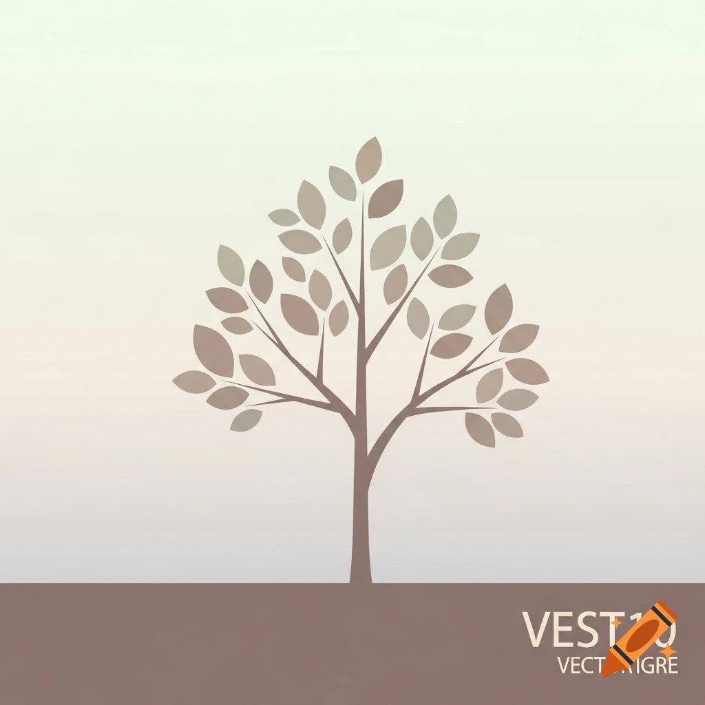 A minimalistic vector illustration of a tree with brown trunk and branches, and muted brown leaves, on a light gradient background.