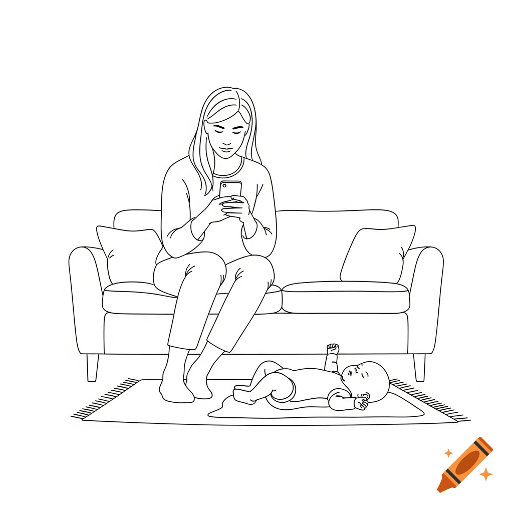 Minimalist line art of a mother on a sofa looking at her phone, with her baby lying on a rug on the floor beside her.