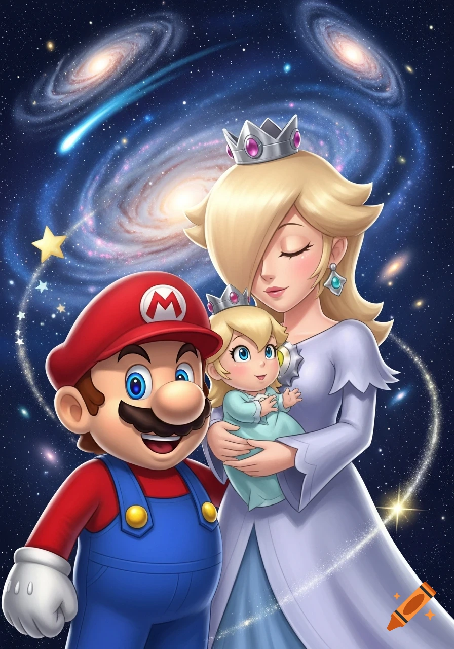 Mario, Rosalina holding baby Rosalina, in front of a cosmic background with galaxies and stars.