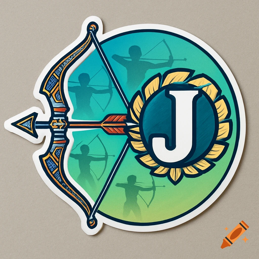 A sticker-like illustration featuring a decorative bow and arrow, with a prominent white letter 'J' surrounded by yellow leaves on a gradient green and blue background with archer silhouettes.
