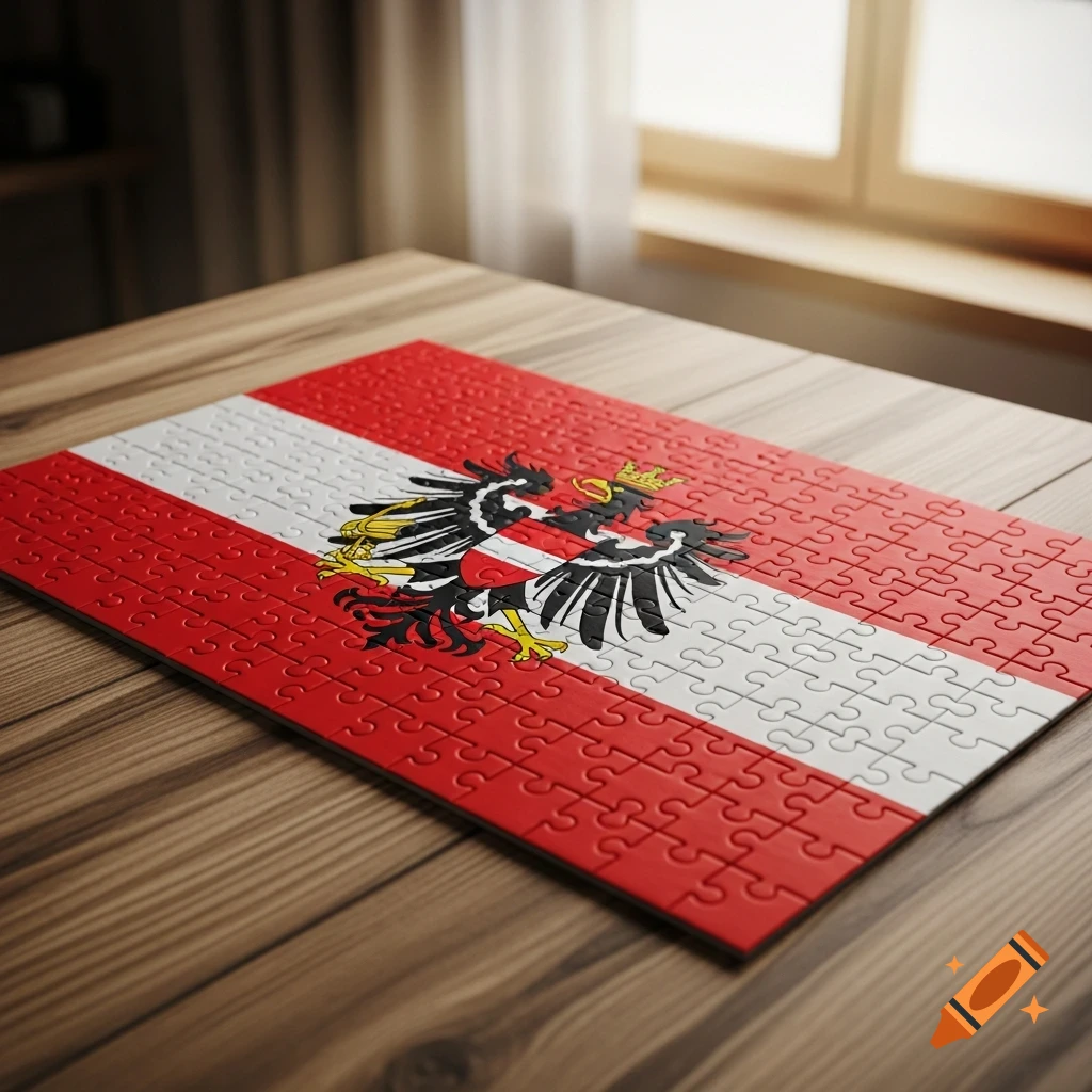Photorealistic image of a jigsaw puzzle depicting the Austrian flag with its eagle emblem on a wooden table.