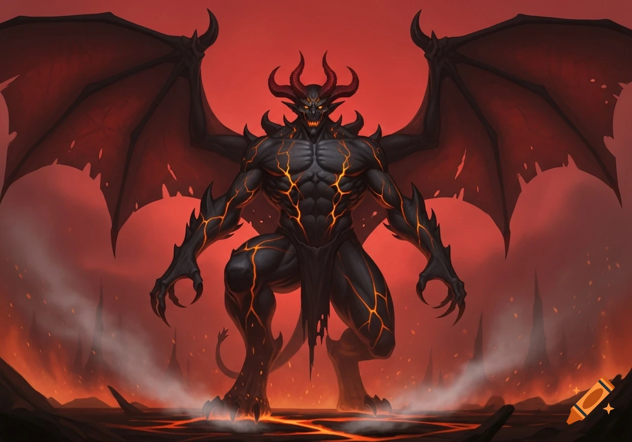 A powerful, black-skinned demon with red horns, large wings, and glowing orange cracks stands in a fiery, smoky hellscape.