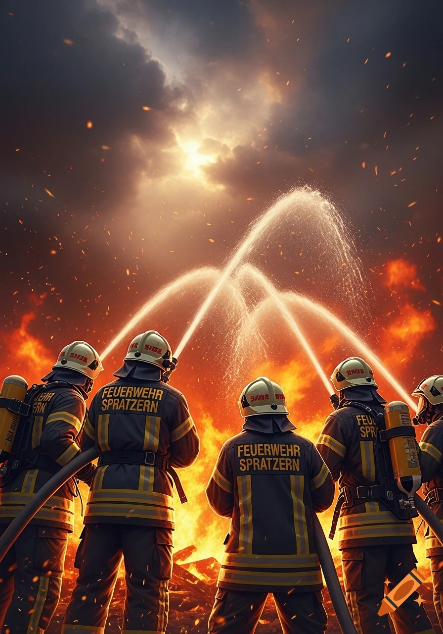 Firefighters spray water at a massive, blazing inferno under a smoky, dark sky filled with embers, seen from behind.