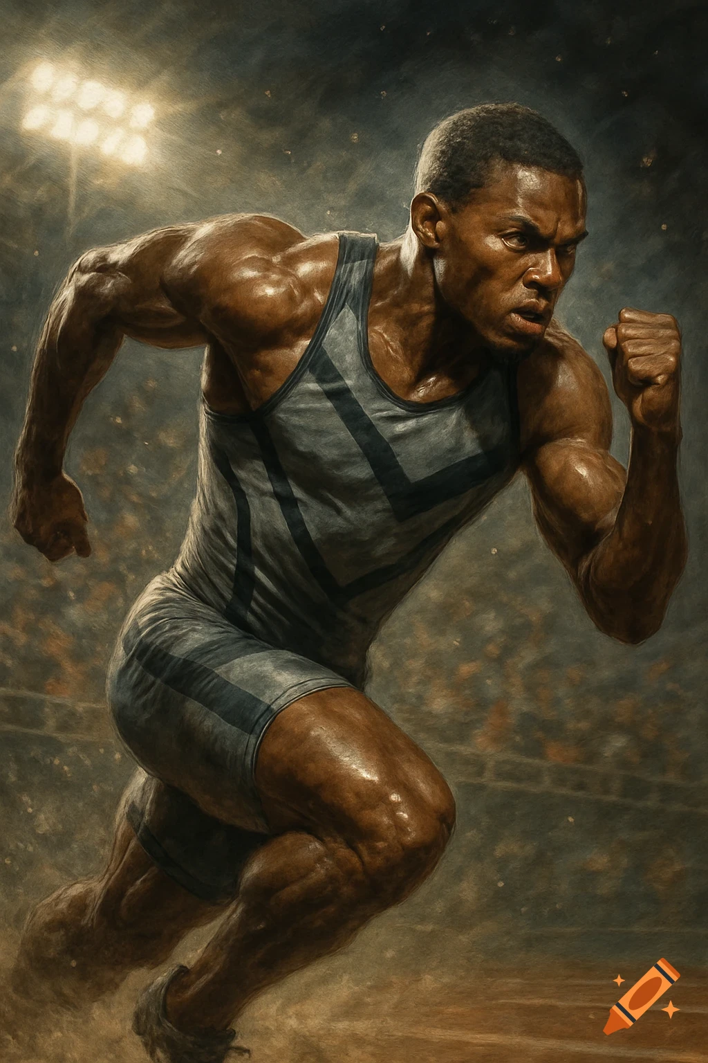 Muscular Black male runner in a grey and blue singlet sprinting on a track under stadium lights, in a painterly style.
