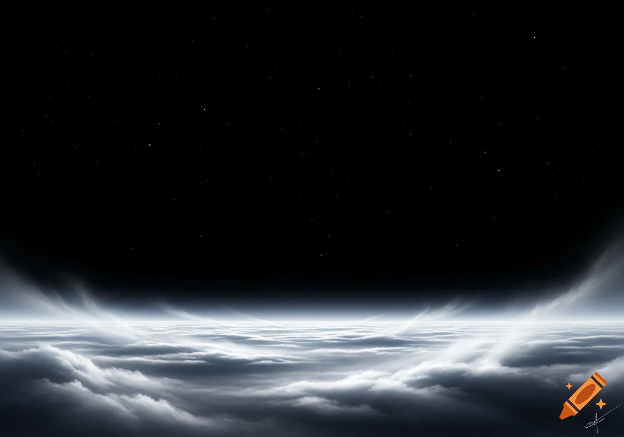 A serene view above fluffy white clouds under a dark, starry night sky, suggesting a heavenly or ethereal scene.