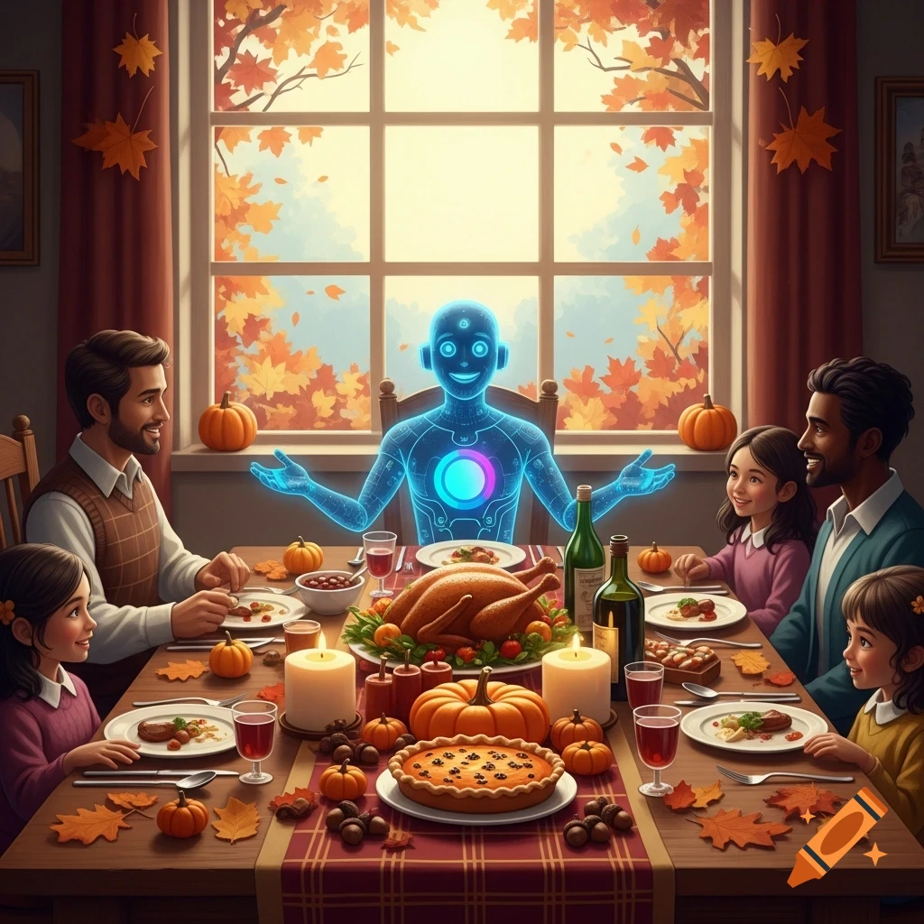 A family enjoys a Thanksgiving dinner with a glowing blue humanoid AI robot sitting at the head of the table. Autumn leaves and pumpkins decorate the scene.