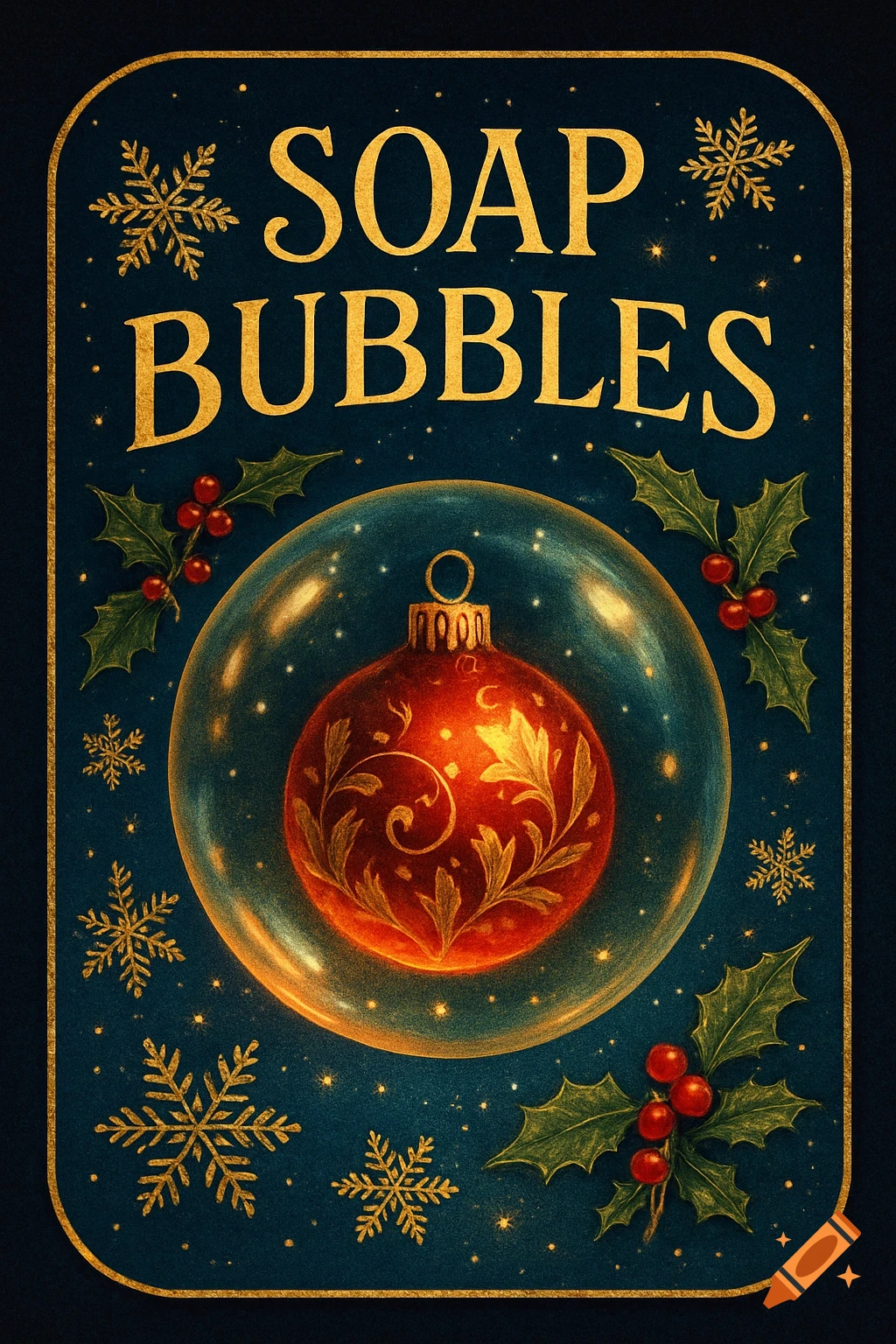 A dark blue Christmas-themed label with "SOAP BUBBLES" in gold text, a red bauble in a clear bubble, holly, and snowflakes.