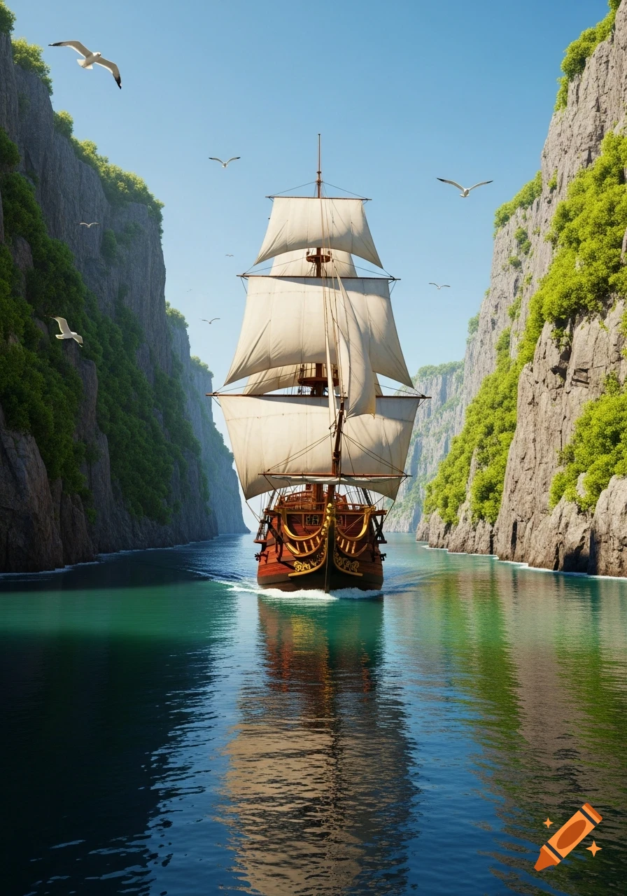A grand sailing ship with white sails navigates a narrow, calm channel between towering green cliffs under a clear sky, with seagulls.