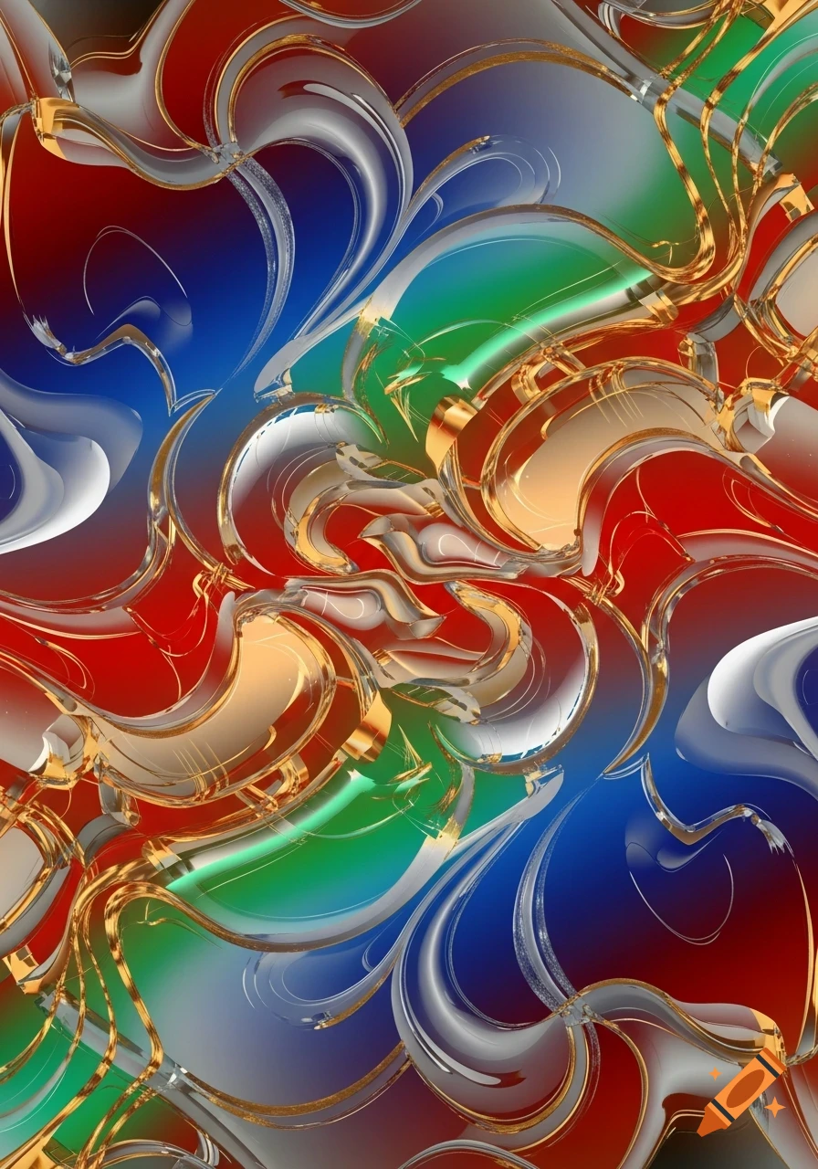 Abstract fluid pattern with glossy, metallic gold, red, blue, and green swirling shapes.