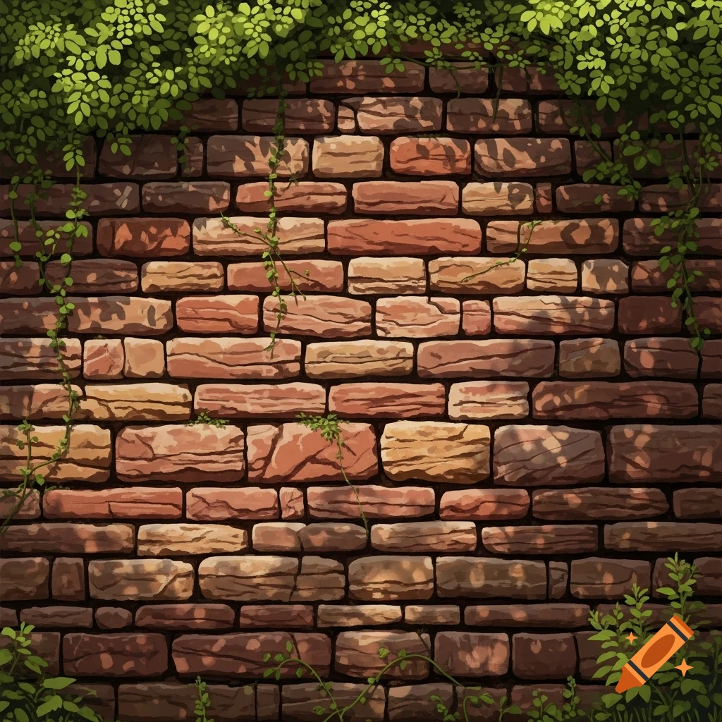 A textured brick wall with green vines growing over and along its surface, lit by sunlight.