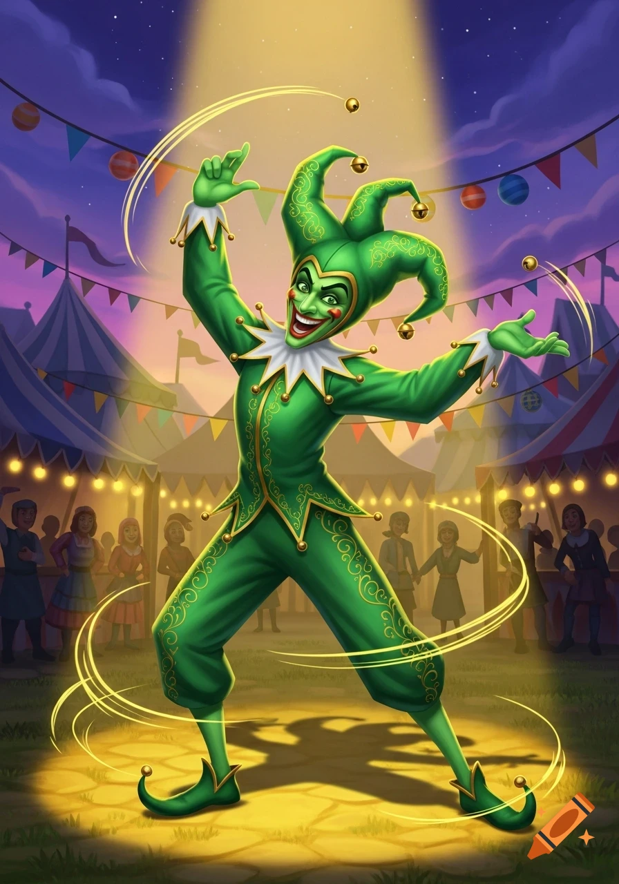 A cheerful green jester with a wide smile dances under a spotlight at a lively carnival fairground at dusk.