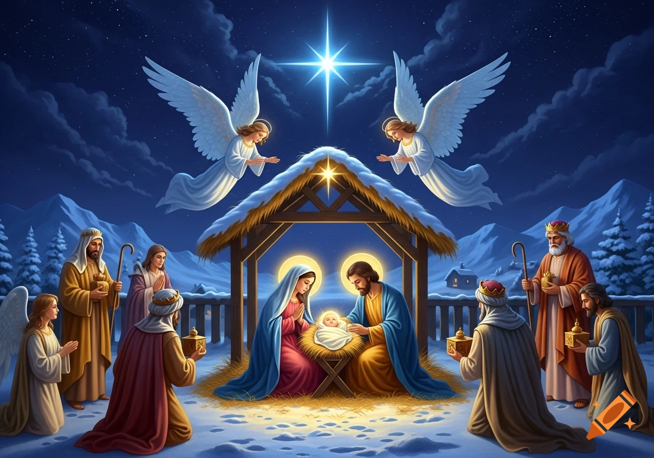 Digital painting of a Christmas Nativity scene with Mary, Joseph, baby Jesus, angels, wise men, and shepherds under a bright star in a snowy landscape.