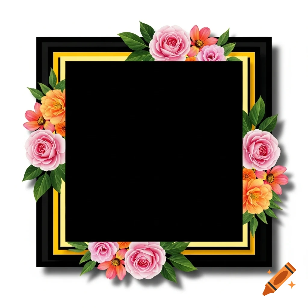 A square black frame with a thin golden inner border, adorned with vibrant pink and orange roses and other flowers with green leaves around its edges.