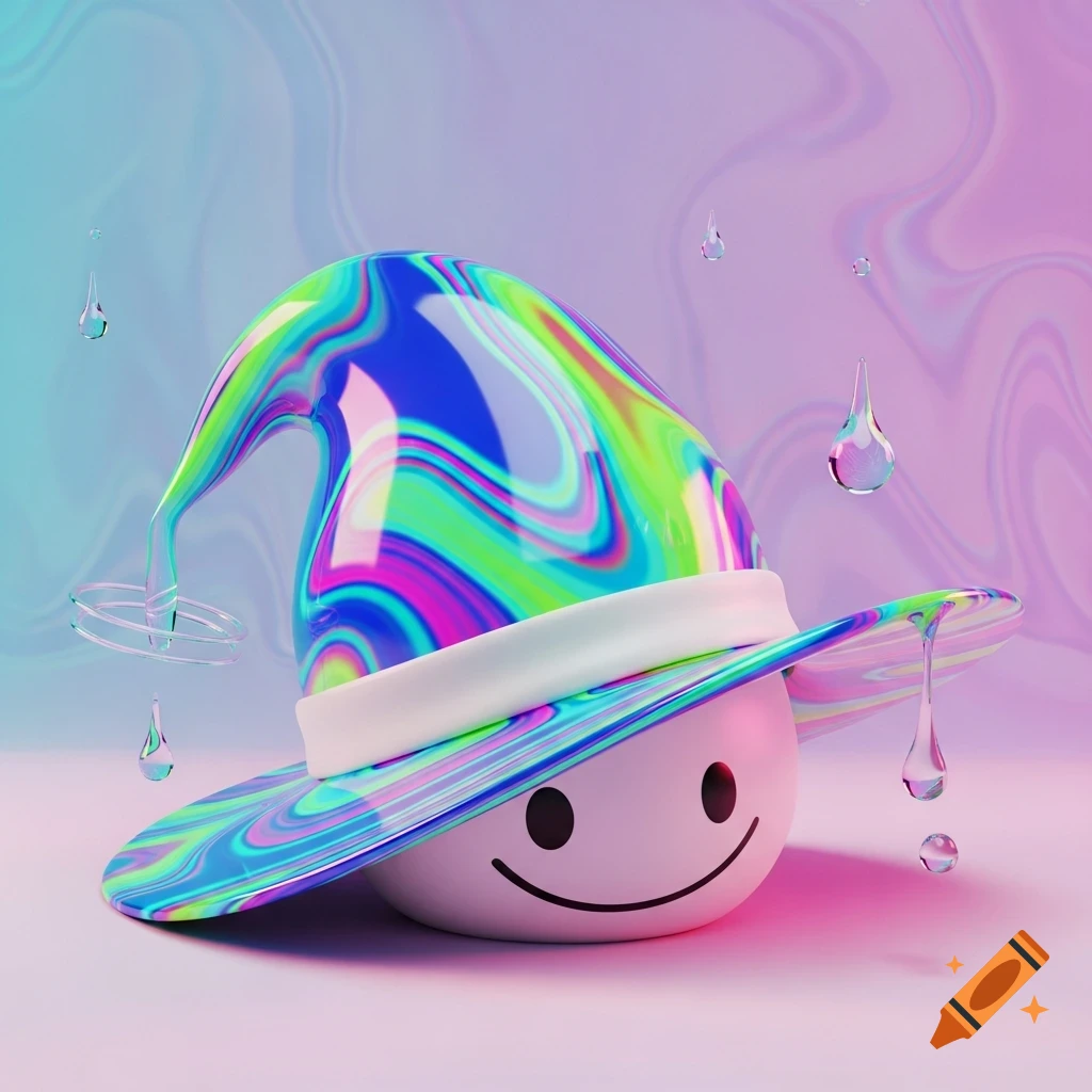 A stylized 3D smiley face character wears a pointed, wide-brimmed hat with a swirling iridescent colorful pattern. Liquid drops float around it on a pastel background.