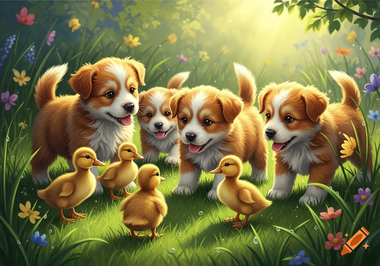 Four fluffy brown and white puppies and four yellow ducklings stand in a vibrant green field with colorful flowers, under bright sunlight, in a digital art style.