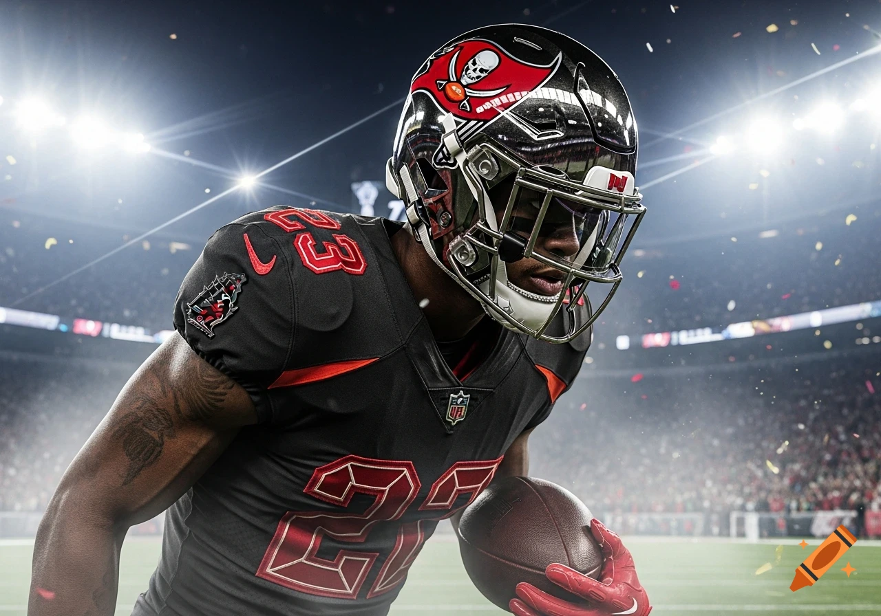 A photorealistic image of a Tampa Bay Buccaneers football player in a black uniform and black chrome helmet, holding a football on a brightly lit field.