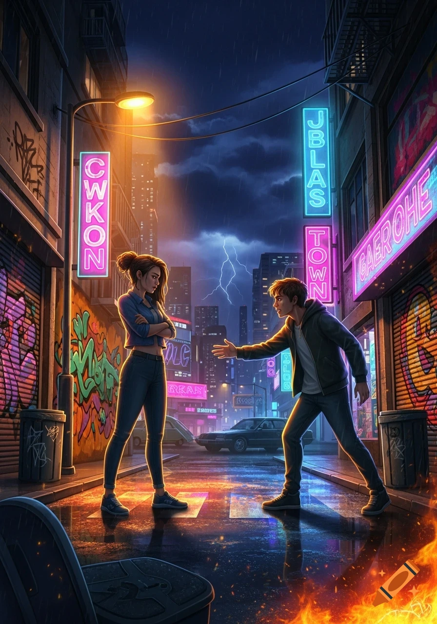 A man and woman argue on a rainy, neon-lit city street at night, with lightning in the sky and fire on the ground.
