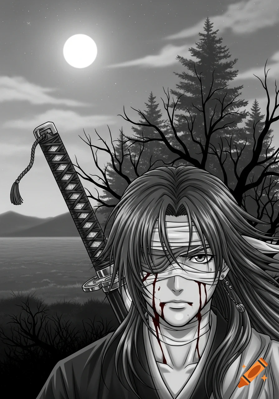 Black and white anime illustration of a character with a bandaged eye and blood, long hair, and a samurai sword, set against a moonlit forest.