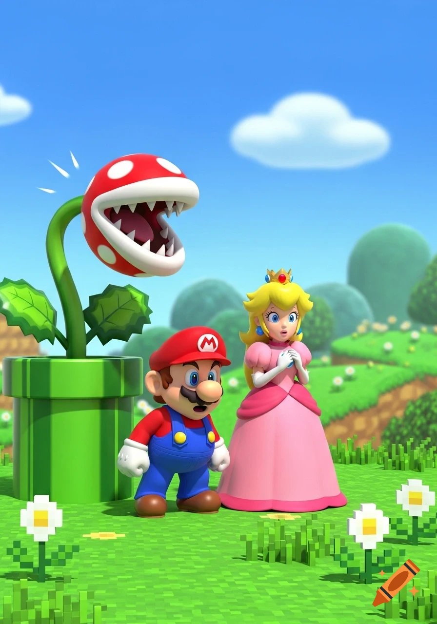 Mario and Princess Peach look surprised at a Piranha Plant in a vibrant, grassy landscape under a blue sky, in a 3D animated style.